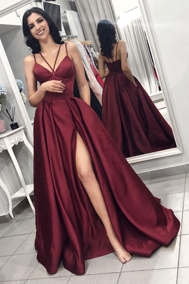 Simple burgundy satin long prom dress ...